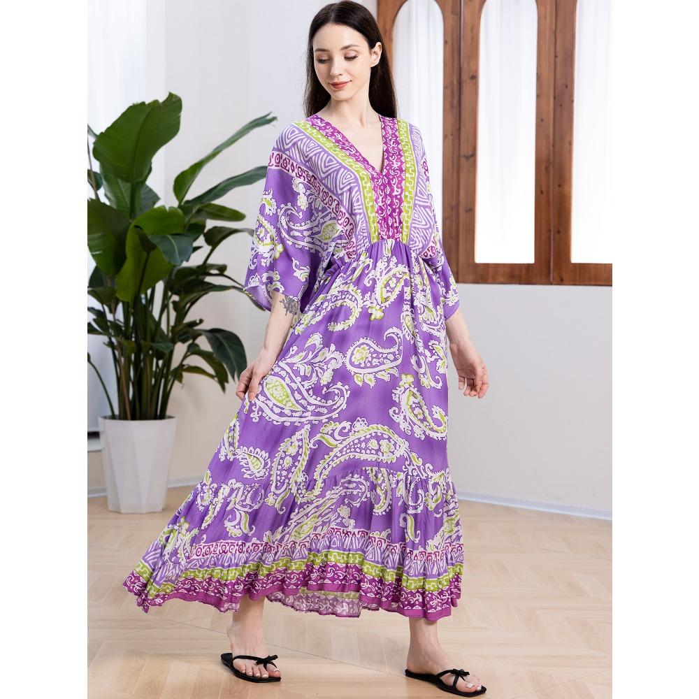 Plus Size Boho Kaftan Dress, Women's Plus Maxi Cover Up Dress