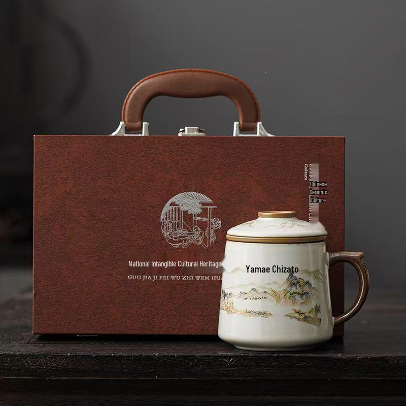 Blue and White Ceramic Office Mug with Tea and Water Separation, Large Capacity.