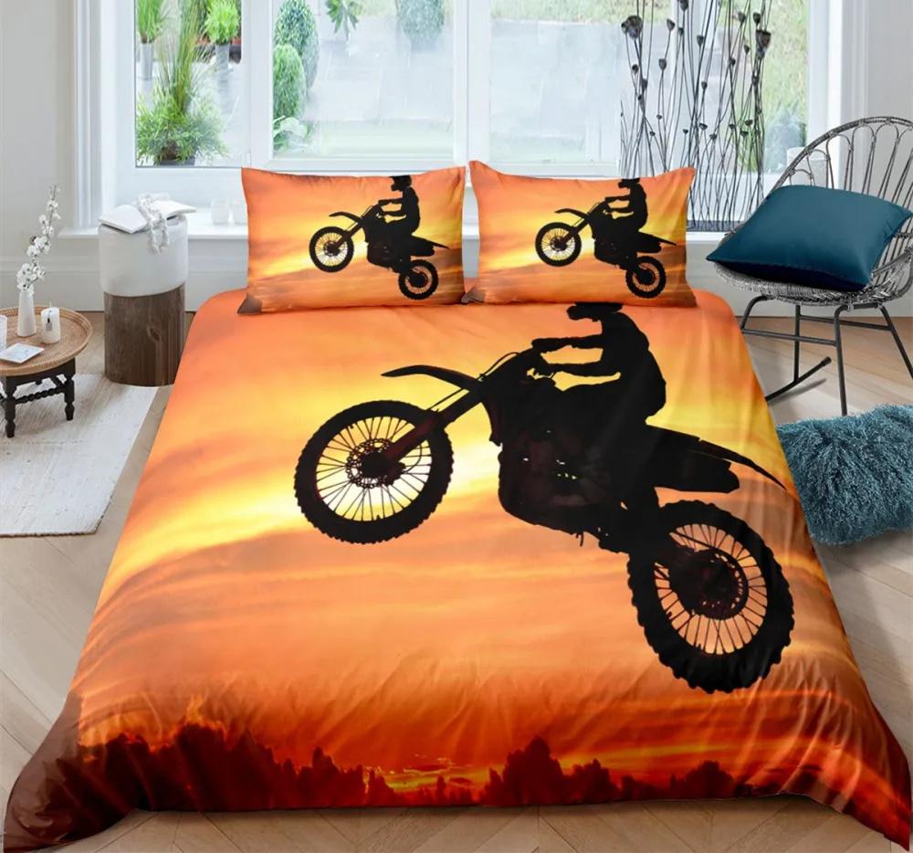 Motorrad Bettwäsche Set 3D Druck Autos Bettbezug mit Kissenbezug Motocross Tagesdecke Jungen Kinder Bettset King Size Heimtextilien