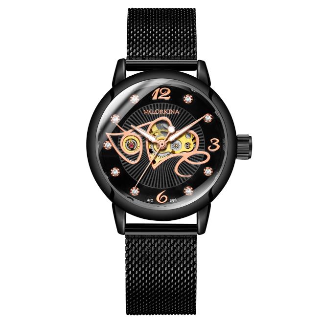 ORKINA Women's Automatic Mechanical Watch Fashion Diamond Love Hollow Design Mesh Stainless Steel Strap Wristwatch MG090
