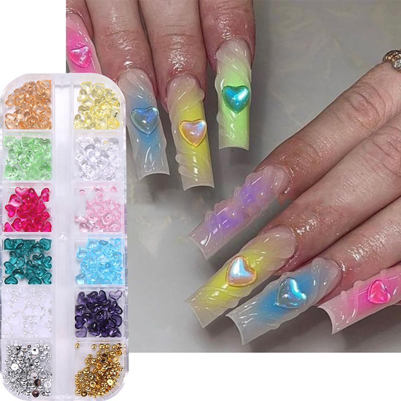 12 Grids 3D Colored Heart Shape Nail Art Charms Transparent Love Heart Resin Stones Jewelry Pearl Decor Manicure