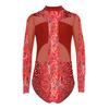 Girls Gymnastics Dance Unitard Jumpsuit Printed Leotard Mesh Patchwork Long Sleeve Bodysuit