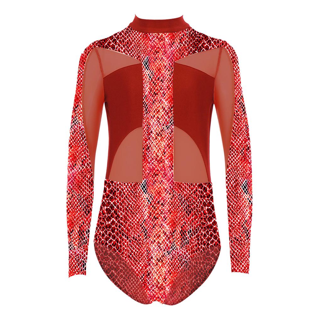Girls Gymnastics Dance Unitard Jumpsuit Printed Leotard Mesh Patchwork Long Sleeve Bodysuit