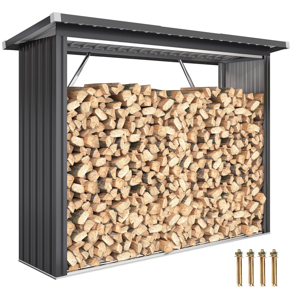 Firewood Shed. Firewood Shelter. Steel. Raised Floor. Sloping Roof. 213 X 66.5 X 150 Cm. Dark Gray