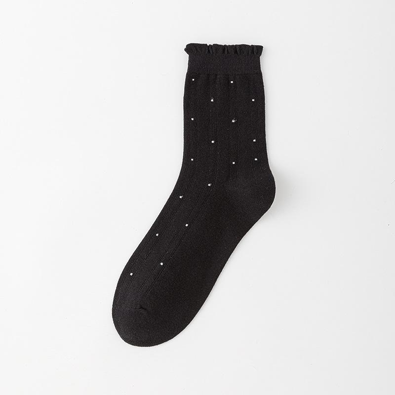 

Женские весенне-осенние милые носки средней длины из хлопка с кружевом-фестонами в горошек 1 pair чёрный