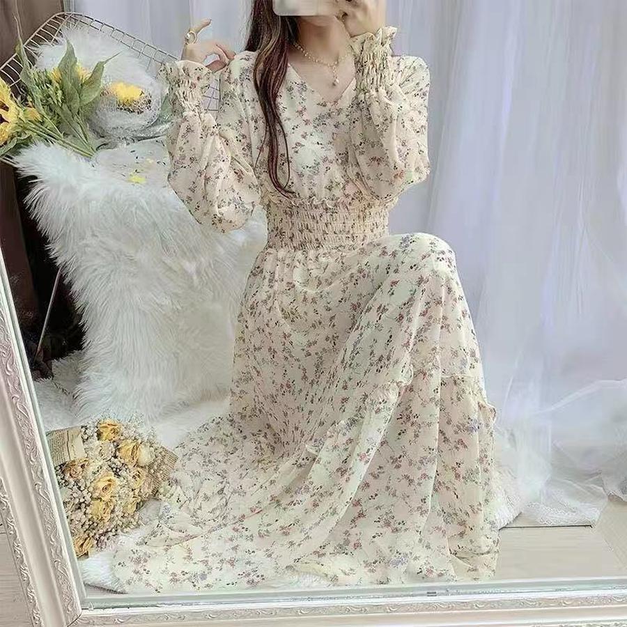 New Spring/Autumn Long Sleeve Waist Slimming High Waist Display High-Waisted Floral Chiffon Dress Long Dress