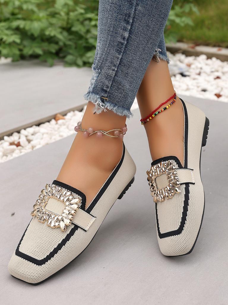 Ladies' Casual Square Toe Flat Shoes with Crystal Buckle Decoration, Breathable Fabric for One Foot Shoes, Rubber Sole, Suitable for All Seasons