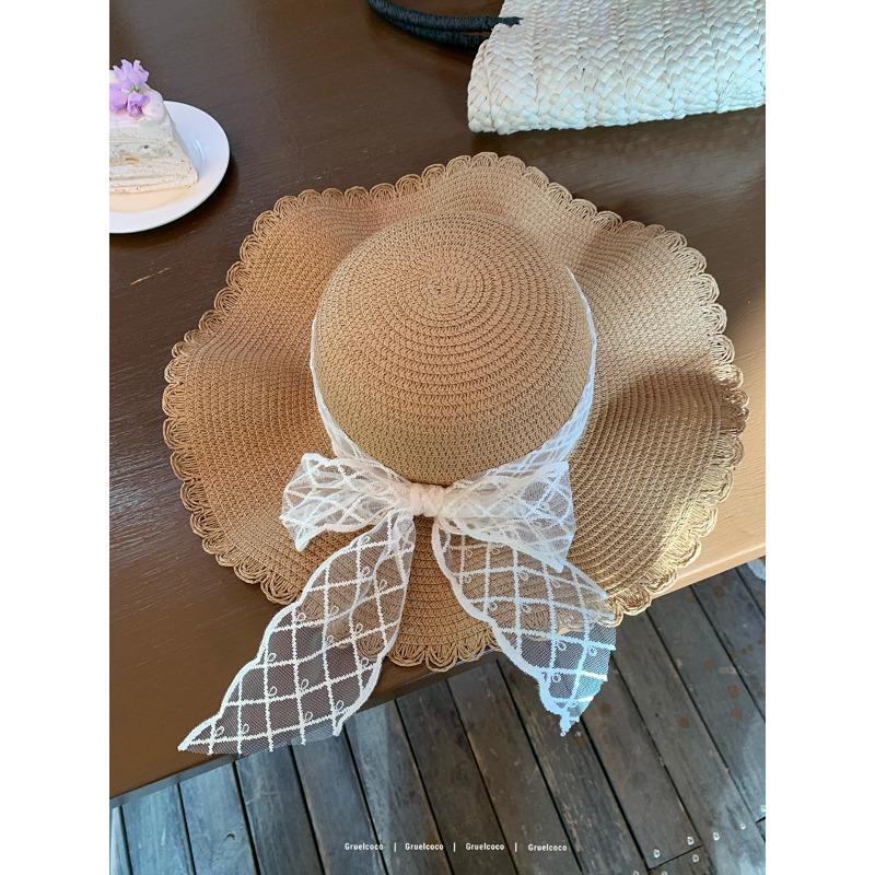 

Летняя защита от солнца солнцезащитная шляпа соломенная шляпа женская приморская кружевная шляпа с бантом большая поля шляпа, подчеркивающая лицо, маленькая соломенная шляпа