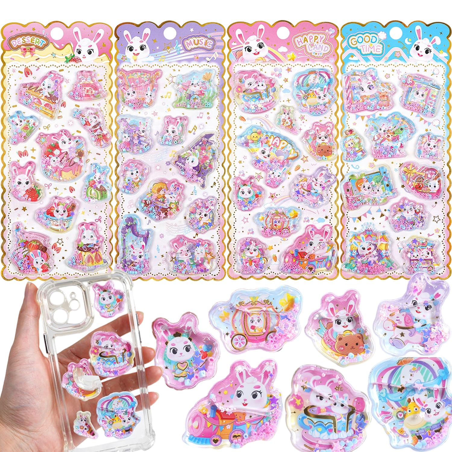 Набор из 4 3D-стикеров с персонажами-животными (кролики) с блестками и милых декоративных стикеров с поощрением для телефона Креативные подарки для девочек и детей Набор