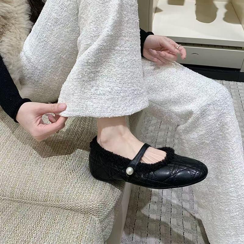 Soft Leather French Camellia Velvet Mary Jane Shoes Women's Height Increase In Autumn and Winter