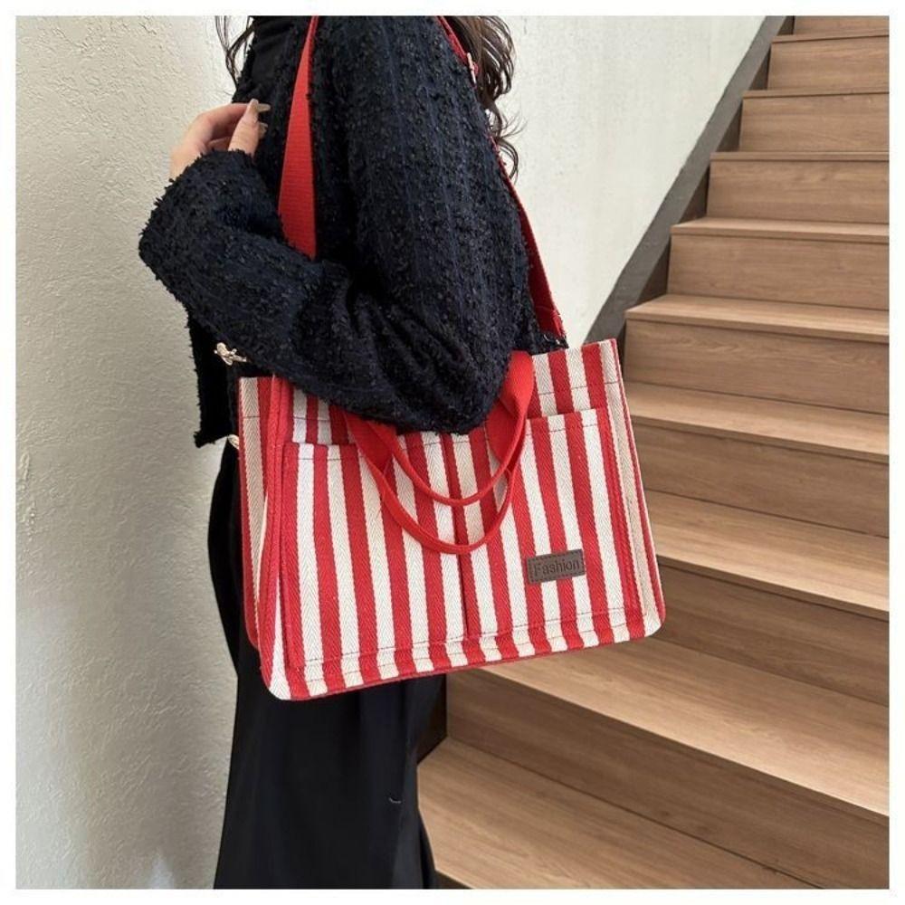 Large Capacity Shoulder Bag Simple Cloth Handbag Cute Stripe Canvas Tote Bag  Travel