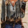 Elegant Casual Comfortable Style Women's Top Drawing Wolf Element Print Pattern, Crew Neck, Zipper Long Sleeve