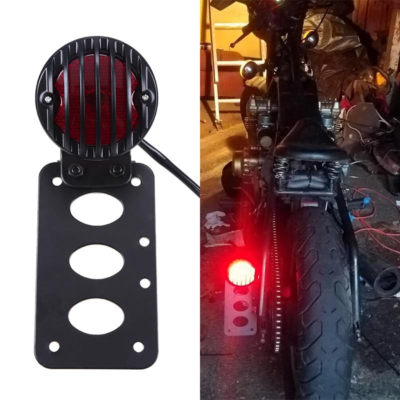 Universal Motorcycle LED Tail Brake Light Side Mount License Plate Bracket Vintage Round Grille Rear Stop Lamp for Harley Sportster Bobber