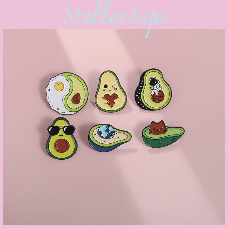 Adorable Cartoon Avocado Series Green Badge Cute Cat Astronaut Heart Shaped Metal Brooch