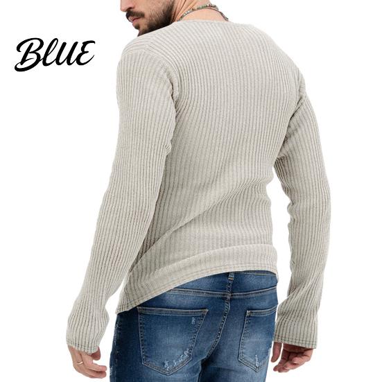 Men Knitted Cotton Sleeves Solid V Neck Knit Deep Blend Sweater Ribbed Long Color Slim