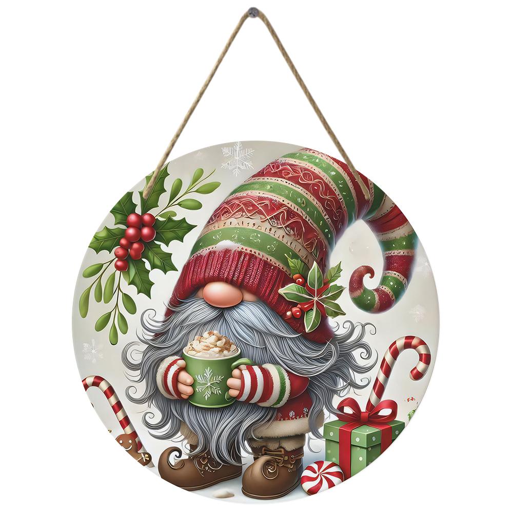 Christmas gnome pattern wooden wall sign, Round Wooden Hanging Plaque, festive holiday home decor, front door welcome ornament Xmas gifts