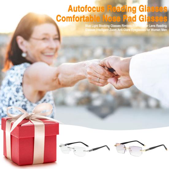 Blue Light Blocking Glasses Rimless Frame Clear Lens Reading Glasses Intelligent Zoom Anti-Glare Eyeglasses for Women Men