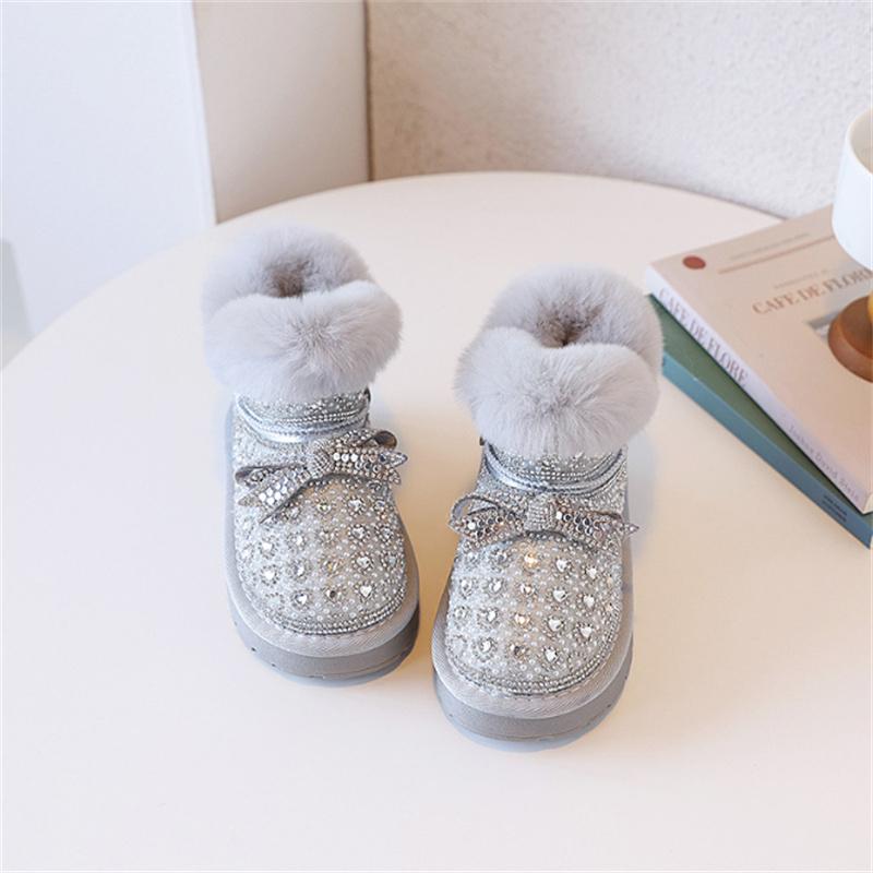 Winter Children Snow Boots Leather Warm Plush Rhinestone Bling Bling Kids Shoes Non-slip  Girls Cotton Boots EU 26-37