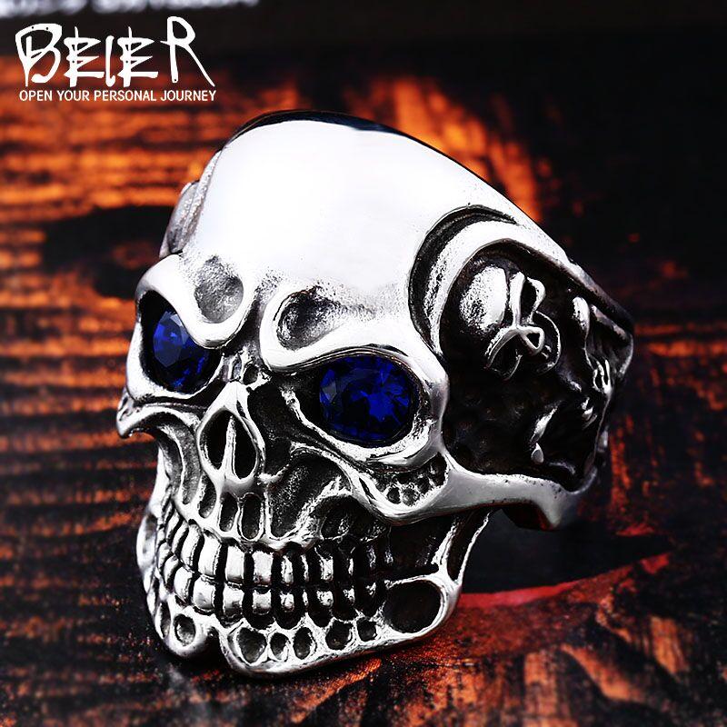 Beier new store 316L Stainless Steel ring top quality Big Tripple Skull Ring Punk Biker jewelry