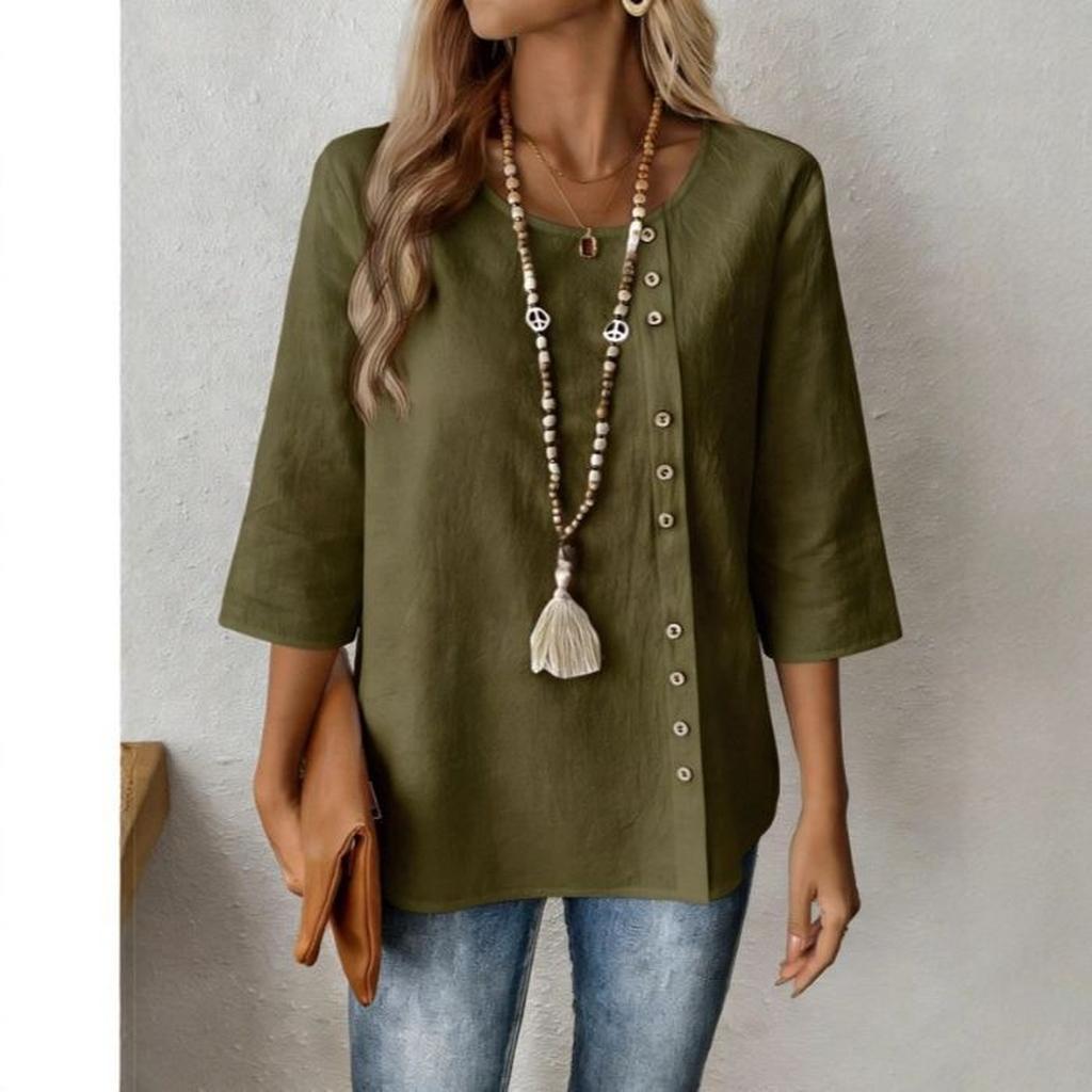 Women's Loose-fitting, Casual And Stylish Single-breasted 3/4 sleeved Cotton And Linen Top