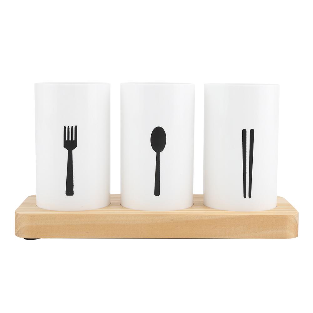 Oak Wooden Base Chopsticks Holder Cutlery Storage Box Drain Rack Knife   with Three Compartments, Stable   Design for Kitchen Draining an