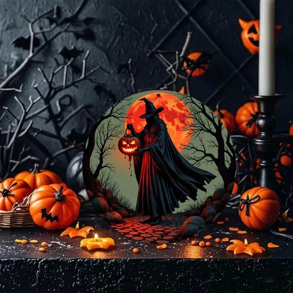 Halloween Pumpkin Lantern Metal Tin Sign Witch Moon Wall Decor Indoor Outdoor