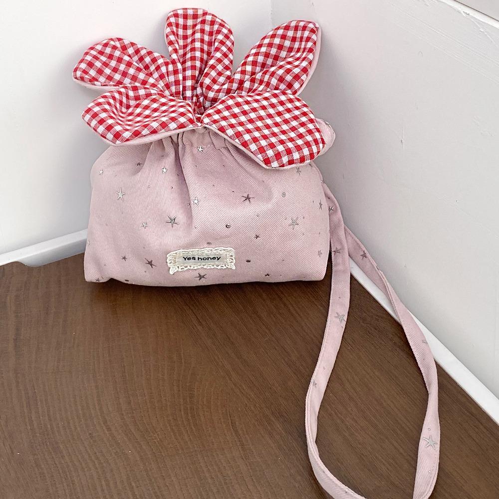 Bundle Pocket Flower Drawstring Crossbody Bag Plaid Flower Handbag Canvas Shoulder Bag  Vacation