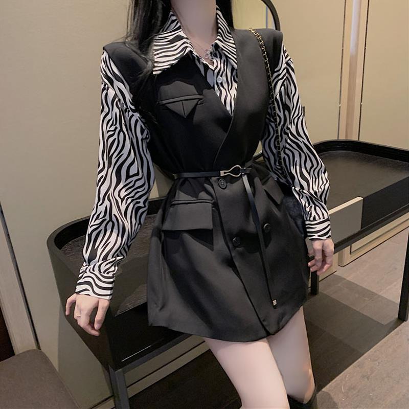

2026 Spring Korean Style Zebra Shirt & Vest Set for Female Students – Street Style Trendy Jacket S