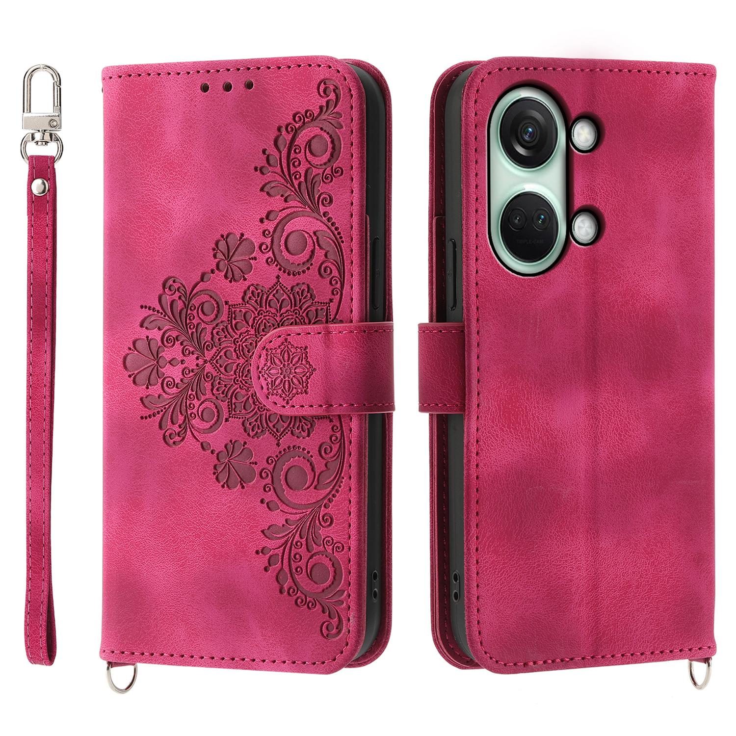 

Stand Phone Case for OnePlus Nord 3 5G/Ace 2V Imprinted Flower Wallet Leather Folio Flip Cover with Wrist Strap+Shoulder Strap Wine Red