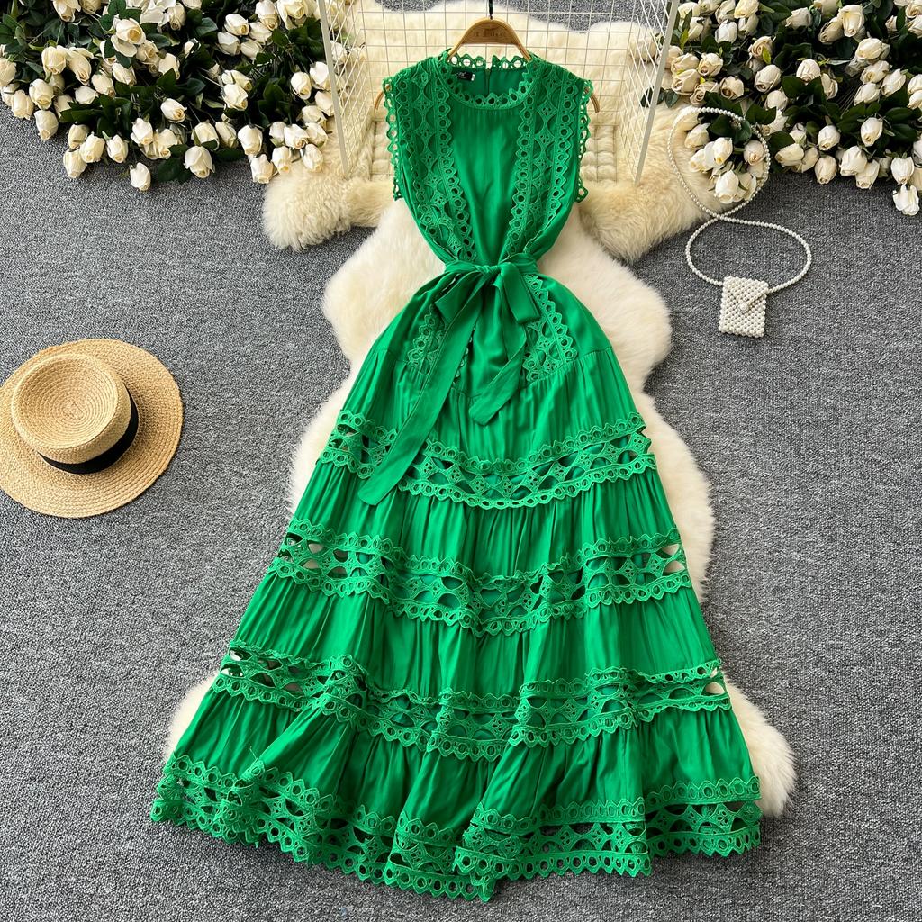 Rochie maxi lungă de vacanță cu broderie cu îmbinare din dantelă elegantă de vară Rochie de petrecere de nuntă fără mâneci pentru femei