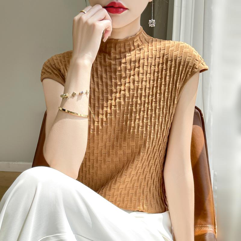Women T-shirt Tank Summer Knitted T-shirt Short Sleeve Tees Basic Tees Knit Top Pullover Turtleneck Female