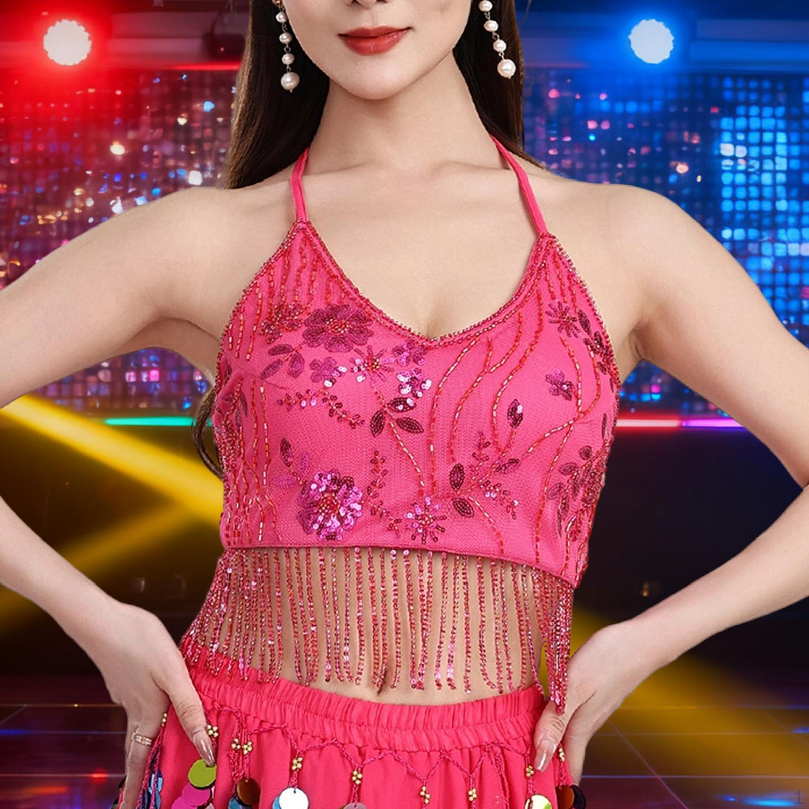 

Belly Dance Tassel Crop Sequin Halter Neck Backless Camisole рожевий червоний колір