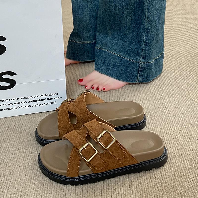 2025 Summer Open Toe Women Flats Slippers Shoes Fashion Cross Buckle Outdoor Beach Vacation Ladies Slides