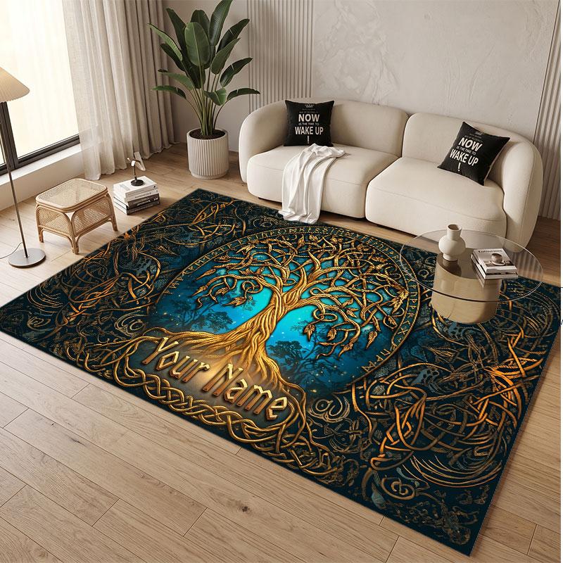 Tree of Life Theme Soft Crystal Velvet Rug Custom Name & Text Print Non Slip Floor Rug for Bedroom Living Room