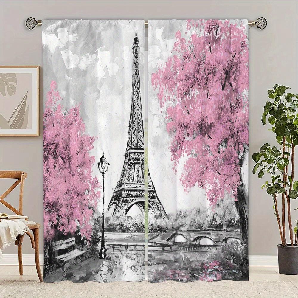 2pcs Pink Romantic Street Couple Printed Curtain,Vibrant Room Decor for Bedroom, Office, Kitchen, Living Room, Study Decor