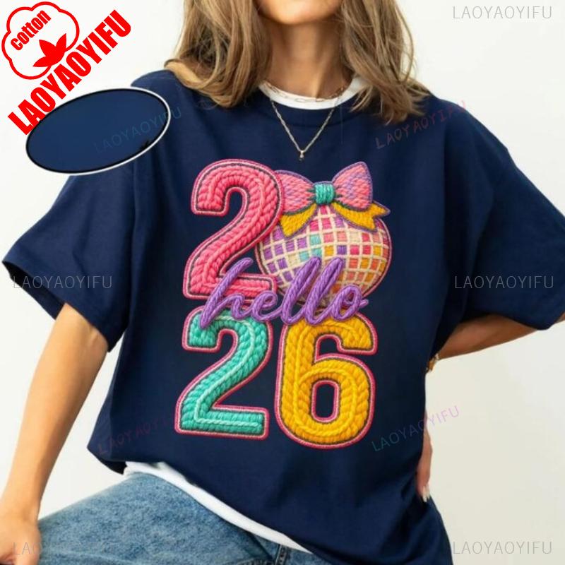 

Faux Yarn Hello 2026 Happy Trendy New Years Eve Pink Teal Disco Glitter Coquette Bow Simple Allmatch DTF PRINT Graphic Tshirts 4XL