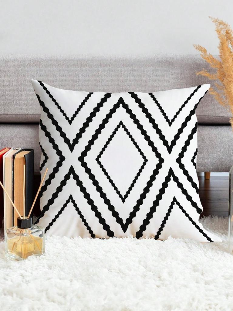 Black and White Geometric Pattern Printed Cushion Cover Soft Polyester Fabric Printed Decor Pillow Case for Bedroom, Living Room
