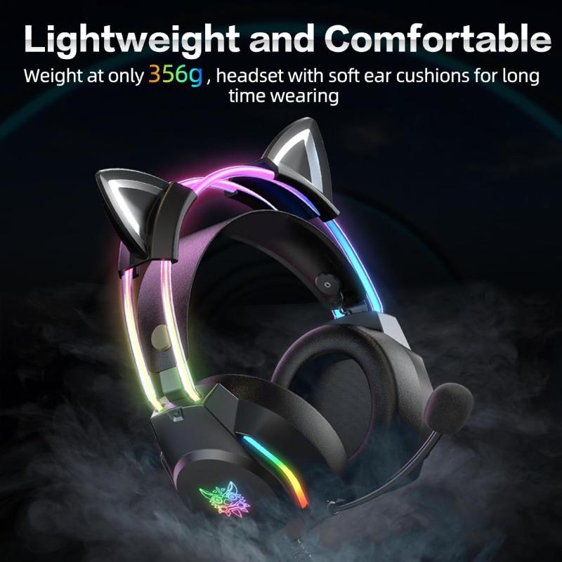 Gaming Headset with Microphone, Cat Ear Headphones for PC Laptop PS4 PS5 Xbox Switch, Rainbow RGB Lighting & Virtual Surround Sound