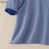 ZANZEA Women Casual Stand Collar Short Sleeve Summer Grid Print Blouse