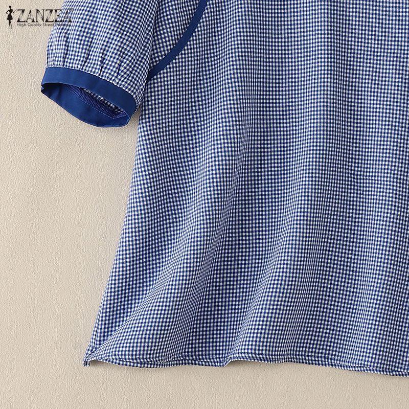 ZANZEA Women Casual Stand Collar Short Sleeve Summer Grid Print Blouse