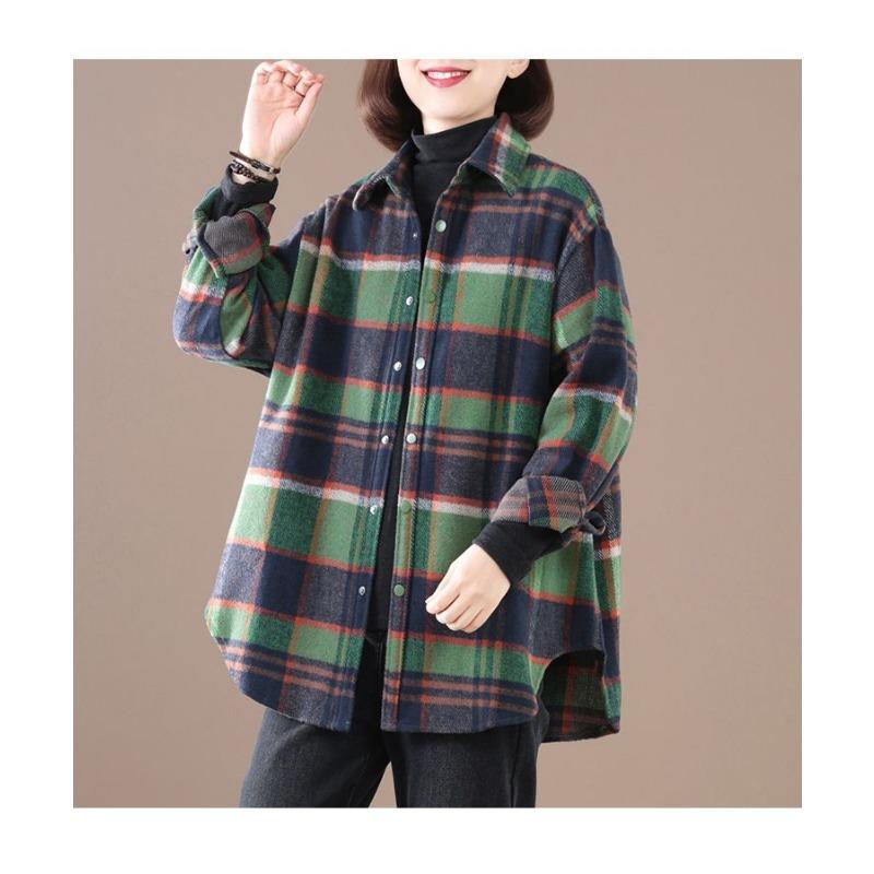 

Осень Женская 2025 Новая Сшивная Рубашка-поло на пуговицах с потертой клеткой, модная, свободного кроя, с длинным рукавом XXL темно-синий