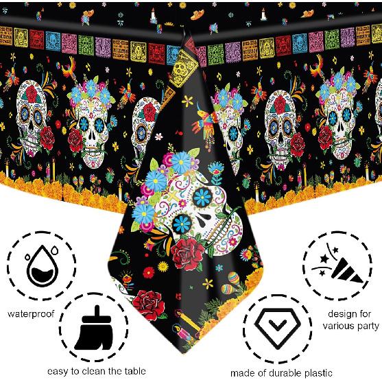 MEHOFOND 3 Pcs Day of The Dead Plastic Tablecloth, Dia De Los Muertos Disposable Table Cover for Halloween, Mexican Skull Floral Fiesta Party