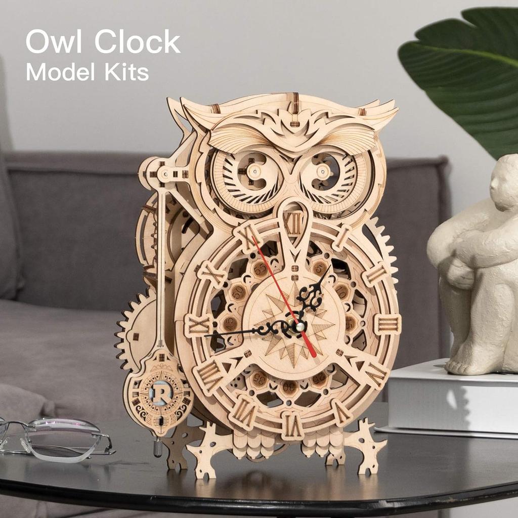 Robotime ROKR 3D Holzpuzzle Eulen-Uhr Modellbausatz Spielzeug für Kinder Jungen LK503