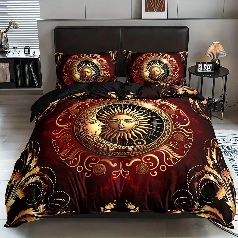 Boho Sun and Moon Duvet Cover Set Black White Floral Bedding Set Bohemian Exotic Comforter Covers Queen Bedroom Decor All Season