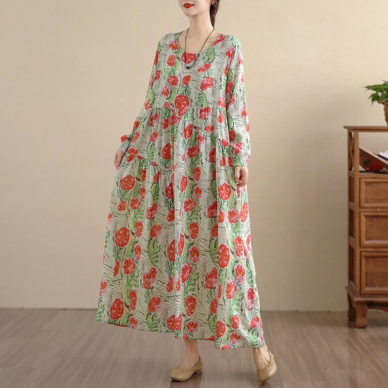 Long Sleeve Plus Size Cotton Vintage Floral New In Dresses for Women Casual Loose Spring Summer Autumn Dress