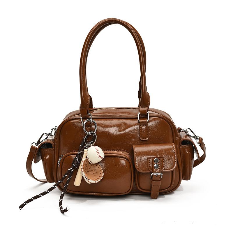 

Гарячі нові продукти, модні корейські нішеві портативні сумки для боулінгу, жіноча текстурована універсальна приміська сумка з поліуретану через плече No pendant коричневий