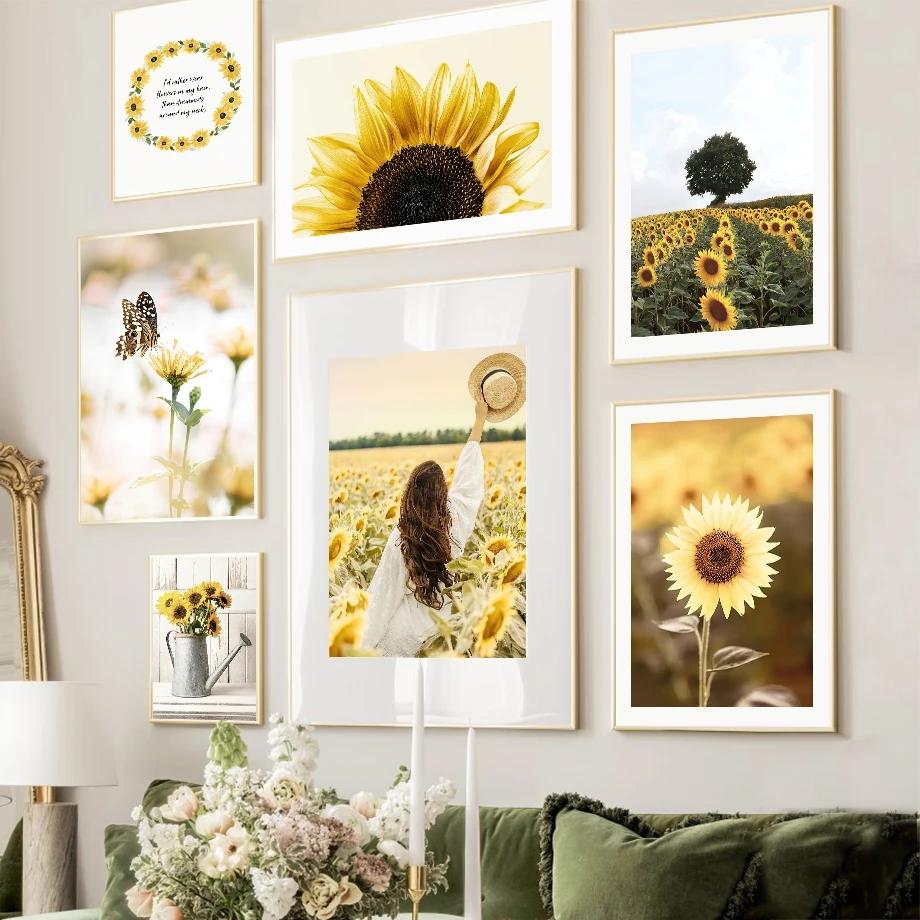 Field Girl Sunflower Tree Poster Flower Butterfly Print Canvas Painting Landscape Wall Art Pictures for Living Room Home Decor