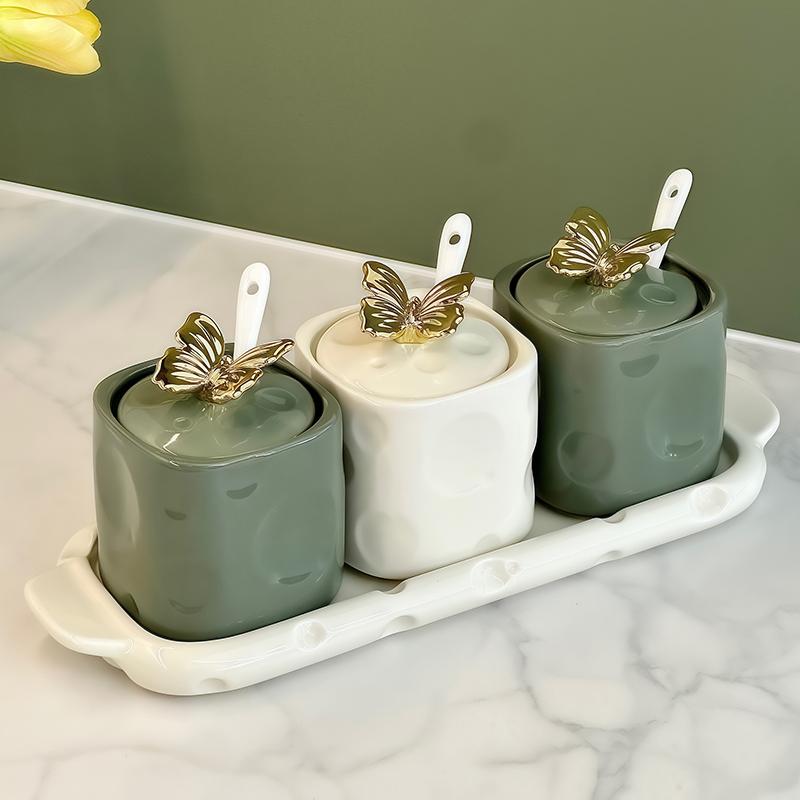 

Ceramic Seasoning Jar Butterfly Cover Salt Shaker Oil Bottle Vinegar Pot Spice Container Chili Jar Seasoning Bottle Spice Jars
