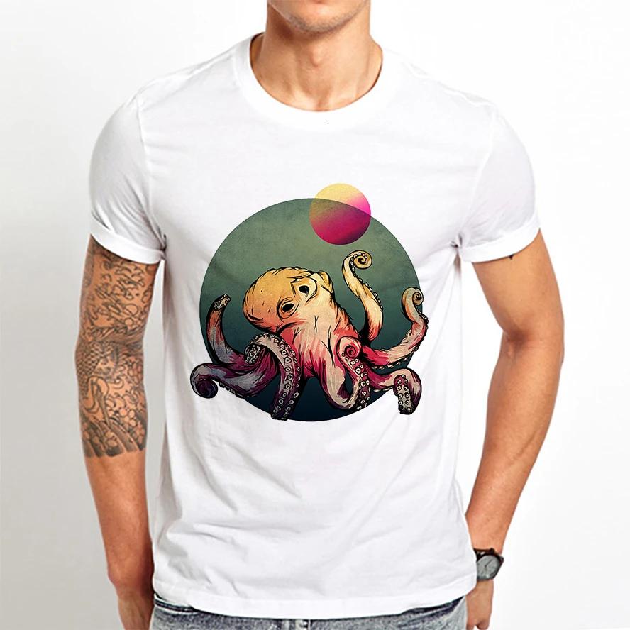 Deep Sea Octopus Funny Vintage T-shirt Men,White Casual Cool Unisex Streetwear TShirt,Streetwea