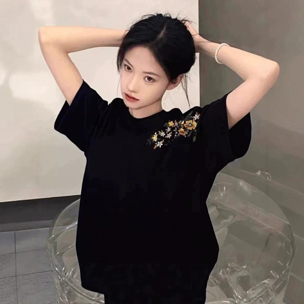 Black Cotton Short-sleeved T-shirt Women's New Summer American Loose Front Shoulder Design Half-sleeved T-shirt Top